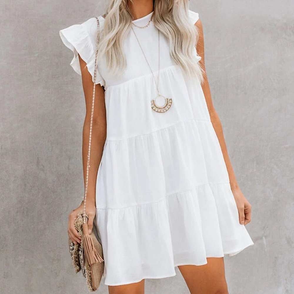White Ruffled Mini Dress with Pockets